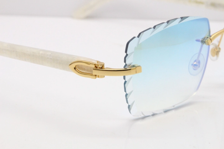 Cartier Rimless 8300816 Marble White Aztec Sunglasses In Gold Blue Mirror Lens