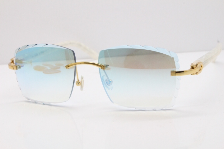 Cartier Rimless 8300816 Marble White Aztec Sunglasses In Gold Blue Mirror Lens