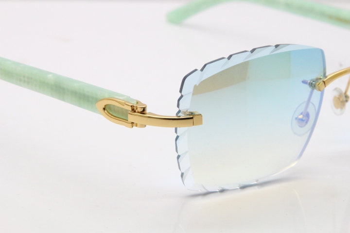 Cartier Rimless 8300816 Marble Green Aztec Sunglasses In Gold Blue Mirror Lens