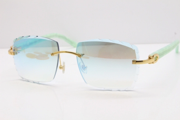 Cartier Rimless 8300816 Marble Green Aztec Sunglasses In Gold Blue Mirror Lens