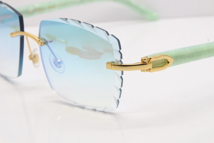 Cartier Rimless 8300816 Marble Green Aztec Sunglasses In Gold Blue Mirror Lens