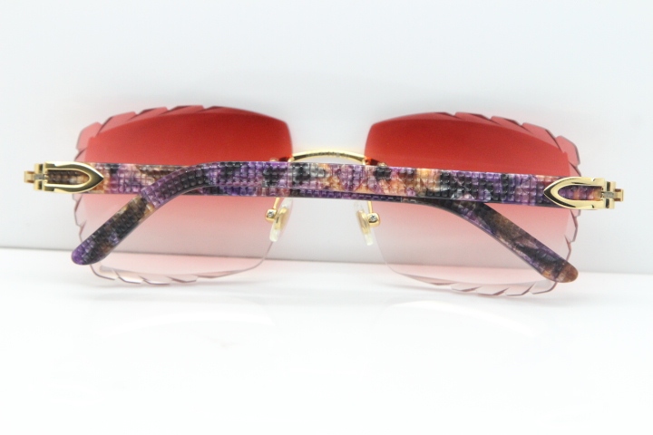 Cartier Rimless 8300816 Marble Purple Aztec Sunglasses In Gold Red Lens