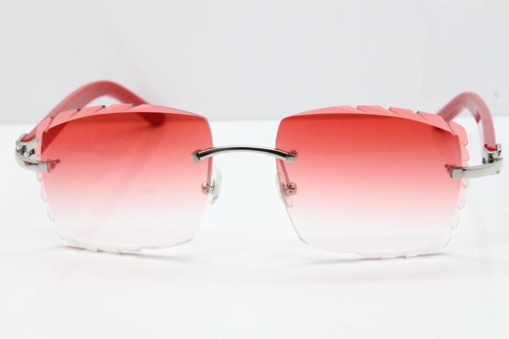 Cartier Rimless 8300816 Red Aztec Sunglasses In Silver Red Lens