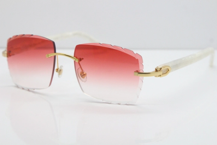 Cartier Rimless 8300816 Marble White Aztec Sunglasses In Gold Red Lens