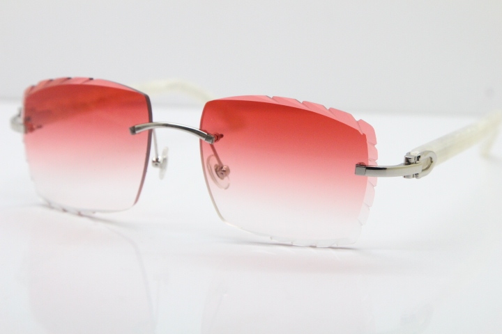 Cartier Rimless 8300816 Marble White Aztec Sunglasses In Silver Red Lens