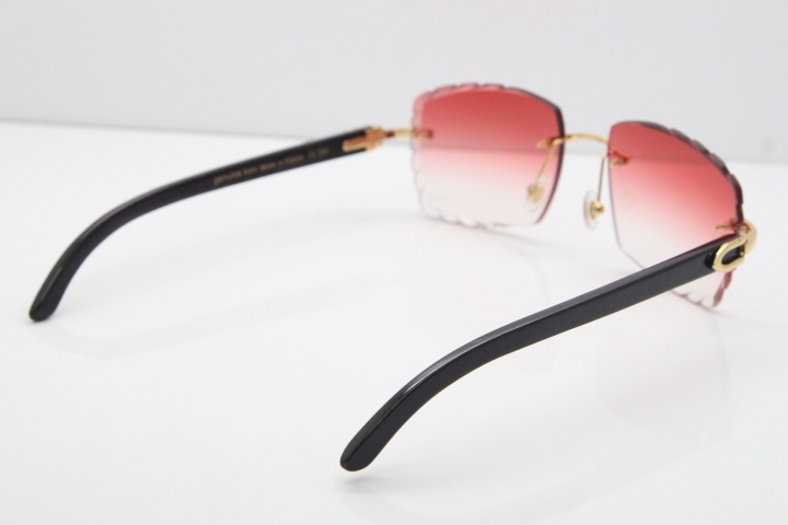 Cartier Rimless 8300816 Black Buffalo Horn Aztec Sunglasses In Gold Red Lens