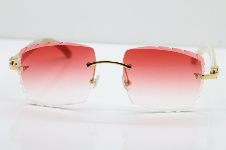 Cartier Rimless 8300816 White Horn Buffalo Sunglasses In Gold Red Lens