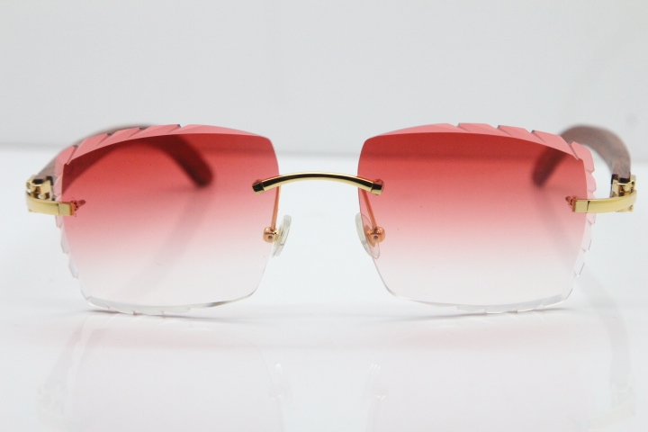 Cartier Rimless 8300816 Pear Wood Sunglasses In Gold Red Lens