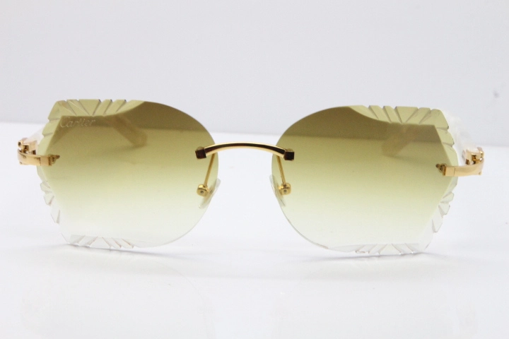 Cartier Rimless T8200762 Marble White Aztec Arms Sunglasses In Gold Brown Lens 