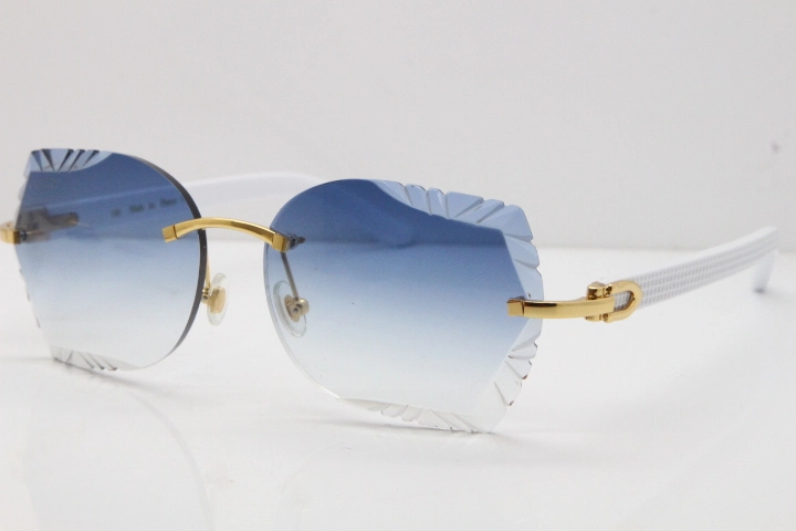 Cartier Rimless T8200762 White Aztec Arms Sunglasses In Gold Blue Lens