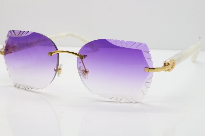 Cartier Rimless T8200762 Marble White Aztec Arms Sunglasses In Gold Purple Lens