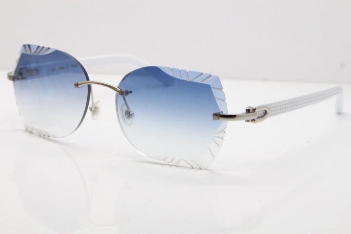 Cartier Rimless T8200762 White Aztec Arms Sunglasses In Gold Blue Lens