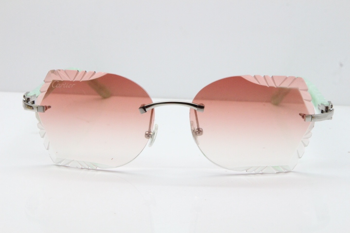 Cartier Rimless T8200762 Marble Green Aztec Arms Sunglasses In Gold Pink Lens