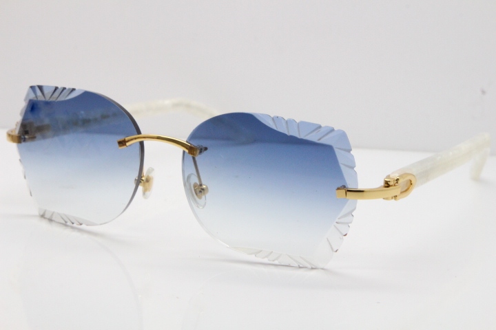 Cartier Rimless T8200762 Marble White Aztec Arms Sunglasses In Gold Blue Lens