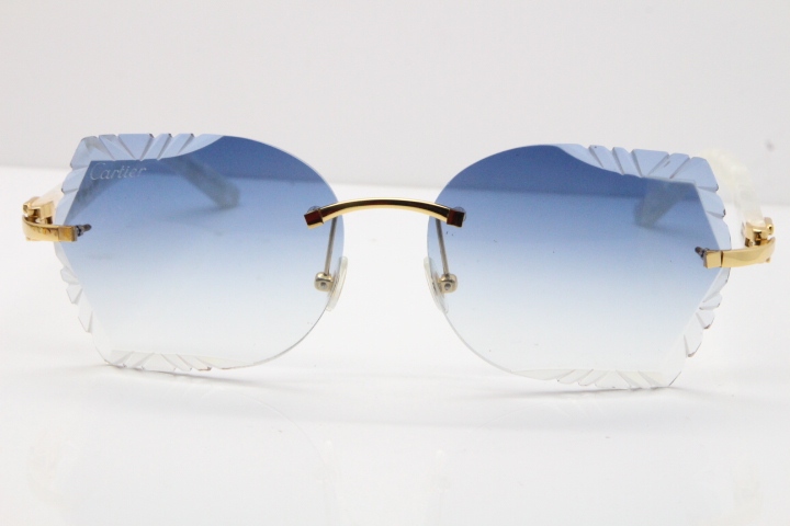 Cartier Rimless T8200762 Marble White Aztec Arms Sunglasses In Gold Blue Lens