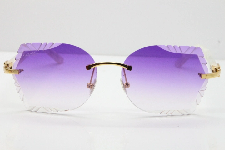 Cartier Rimless T8200762 Marble White Aztec Arms Sunglasses In Gold Purple Lens