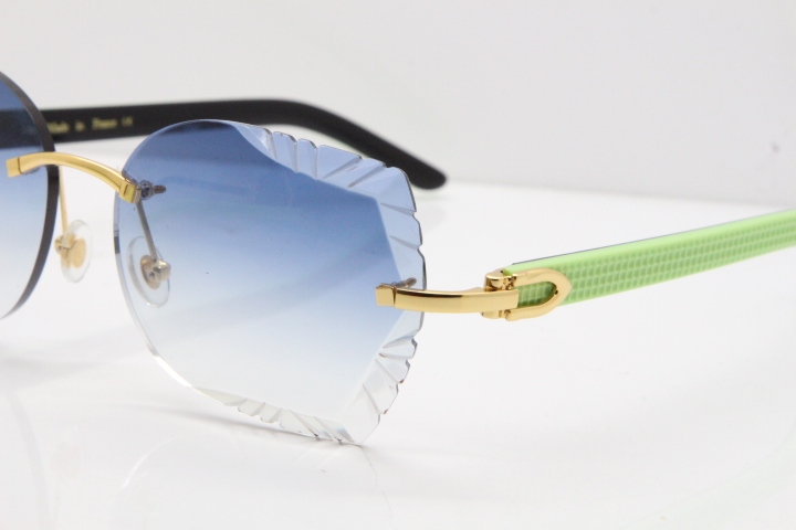 Cartier Rimless T8200762 Black Green Aztec Arms Sunglasses In Gold Blue Lens