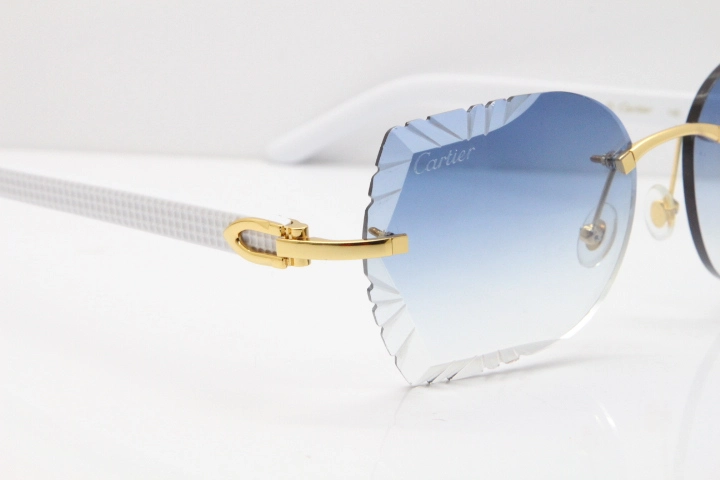 Cartier Rimless T8200762 White Aztec Arms Sunglasses In Gold Blue Lens