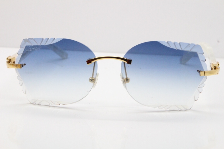Cartier Rimless T8200762 White Aztec Arms Sunglasses In Gold Blue Lens