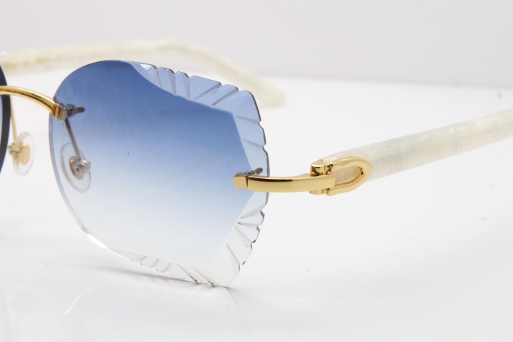 Cartier Rimless T8200762 Marble White Aztec Arms Sunglasses In Gold Blue Lens