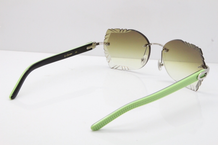 Cartier Rimless T8200762 Black Green Aztec Arms Sunglasses In Silver Brown Lens  