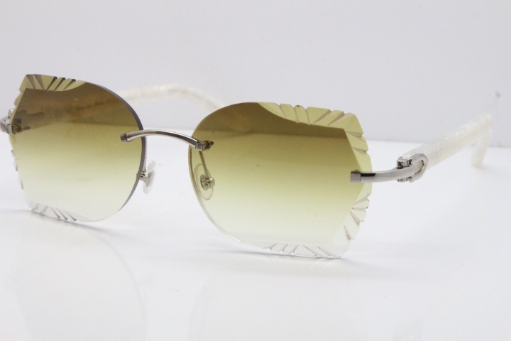 Cartier Rimless T8200762 Marble White Aztec Arms Sunglasses In Gold Brown Lens 