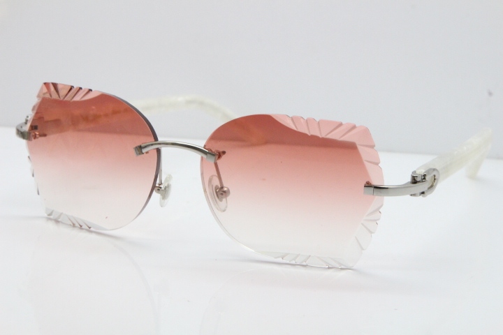 Cartier Rimless T8200762 Marble White Aztec Arms Sunglasses In Gold Pink Lens