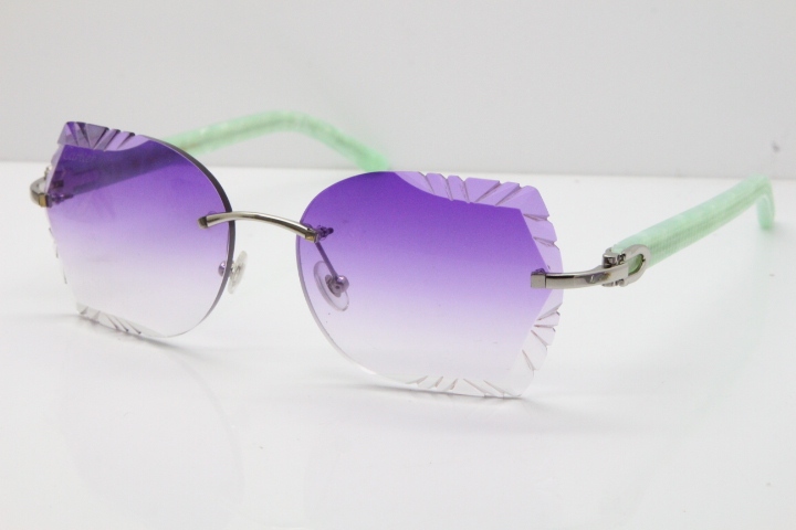 Cartier Rimless T8200762 Marble Green Aztec Arms Sunglasses In Gold Purple Lens