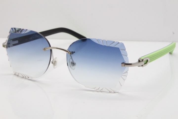 Cartier Rimless T8200762 Black Green Aztec Arms Sunglasses In Silver Blue Lens 