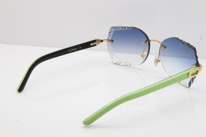 Cartier Rimless T8200762 Black Green Aztec Arms Sunglasses In Gold Blue Lens