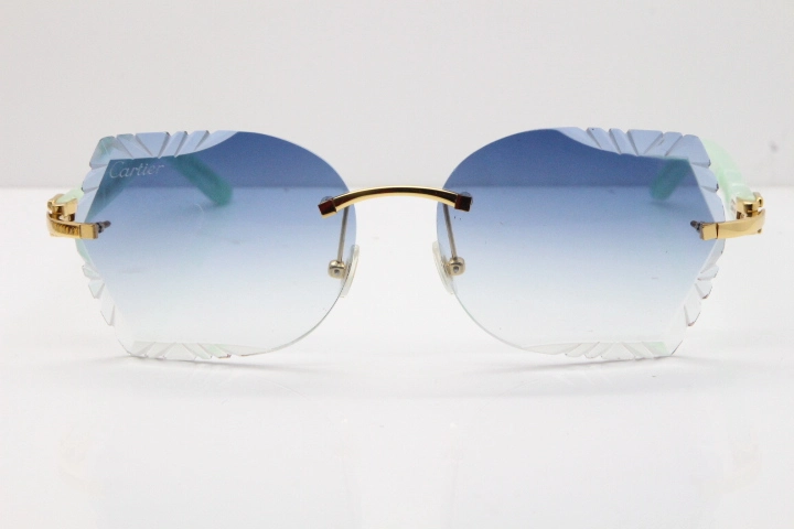 Cartier Rimless T8200762 Marble Green Aztec Arms Sunglasses In Gold Blue Lens