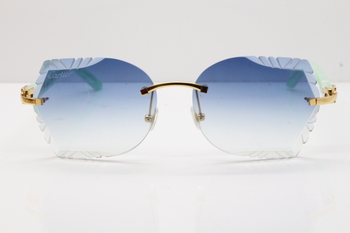 Cartier Rimless T8200762 Marble Green Aztec Arms Sunglasses In Gold Blue Lens