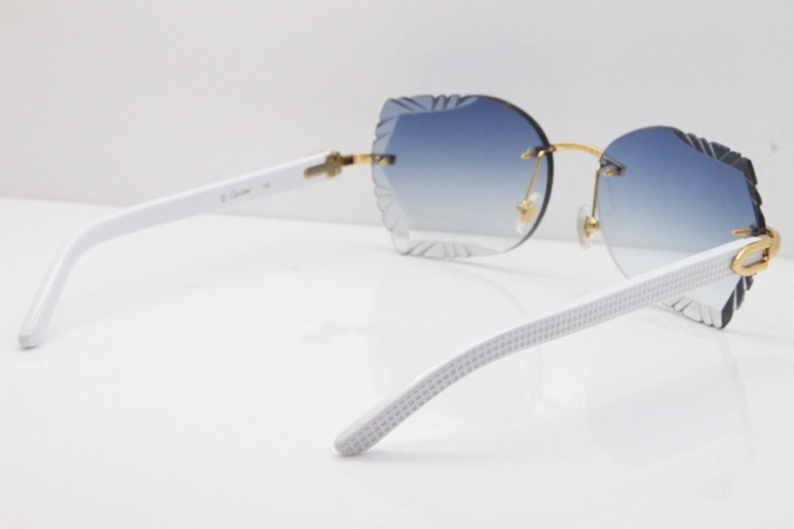 Cartier Rimless T8200762 White Aztec Arms Sunglasses In Gold Blue Lens