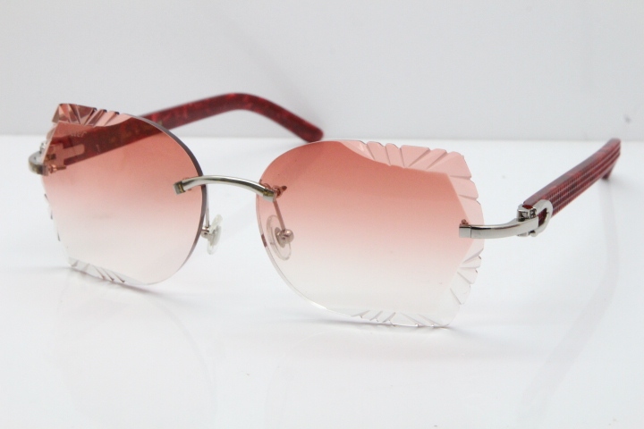 Cartier Rimless T8200762 Marble Red Aztec Arms Sunglasses In Gold Pink Lens