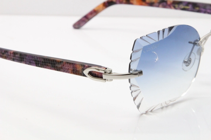 Cartier Rimless T8200762 Marble Purple Aztec Arms Sunglasses In Gold Blue Lens