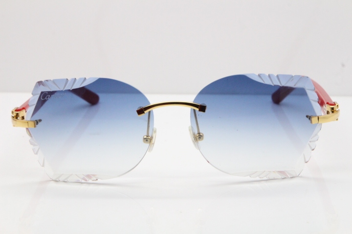 Cartier Rimless T8200762 Red Aztec Arms Sunglasses In Gold Blue Lens