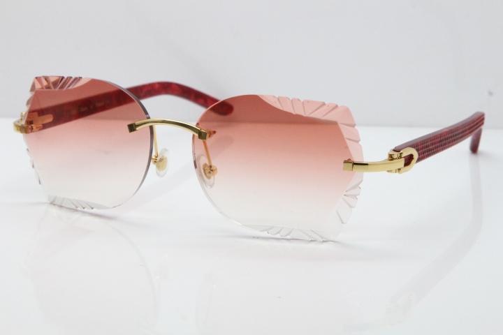 Cartier Rimless T8200762 Marble Red Aztec Arms Sunglasses In Gold Pink Lens