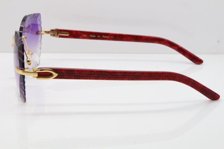 Cartier Rimless T8200762 Marble Red Aztec Arms Sunglasses In Gold Purple Lens