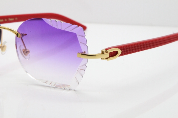 Cartier Rimless T8200762 Red Aztec Arms Sunglasses In Gold Purple Lens