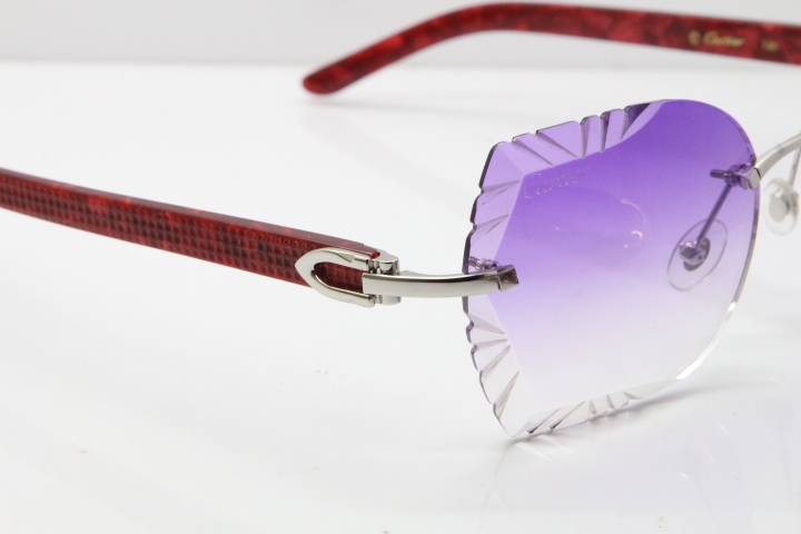 Cartier Rimless T8200762 Marble Red Aztec Arms Sunglasses In Gold Purple Lens