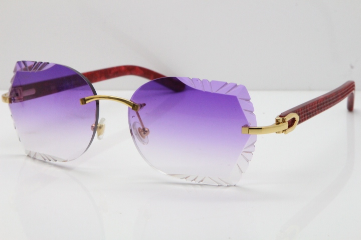 Cartier Rimless T8200762 Marble Red Aztec Arms Sunglasses In Gold Purple Lens