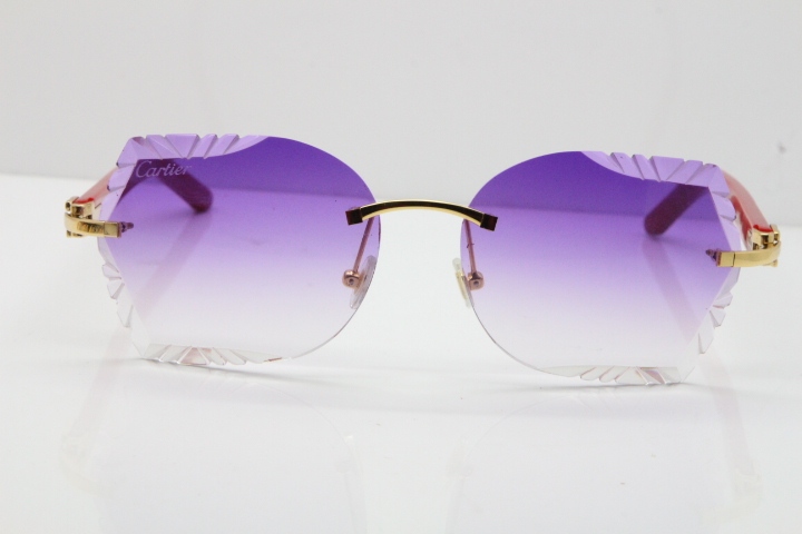 Cartier Rimless T8200762 Red Aztec Arms Sunglasses In Gold Purple Lens