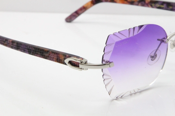 Cartier Rimless T8200762 Marble Purple Aztec Arms Sunglasses In Gold Purple Lens