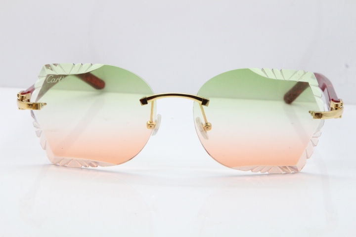 Cartier Rimless T8200762 Marble Red Aztec Arms Sunglasses In Gold Green Brown Lens