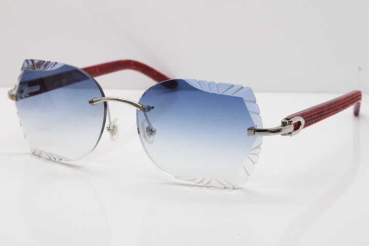 Cartier Rimless T8200762 Marble Red Aztec Arms Sunglasses In Gold Blue Lens