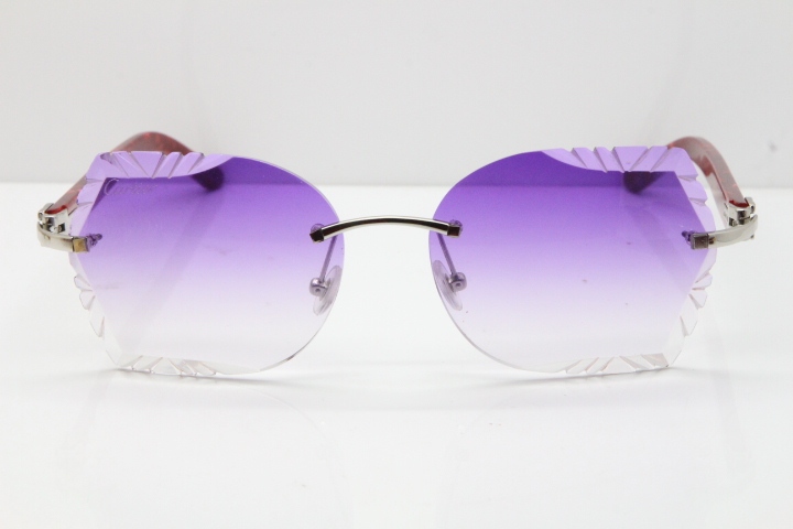 Cartier Rimless T8200762 Marble Red Aztec Arms Sunglasses In Gold Purple Lens