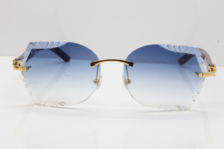 Cartier Rimless T8200762 Marble Purple Aztec Arms Sunglasses In Gold Blue Lens