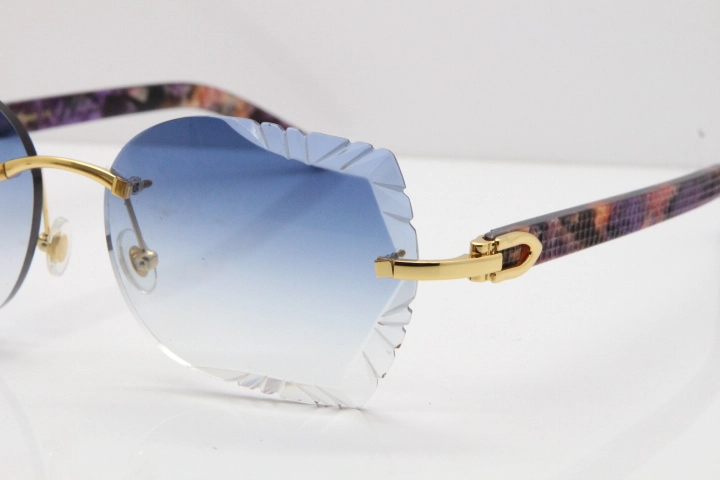 Cartier Rimless T8200762 Marble Purple Aztec Arms Sunglasses In Gold Blue Lens