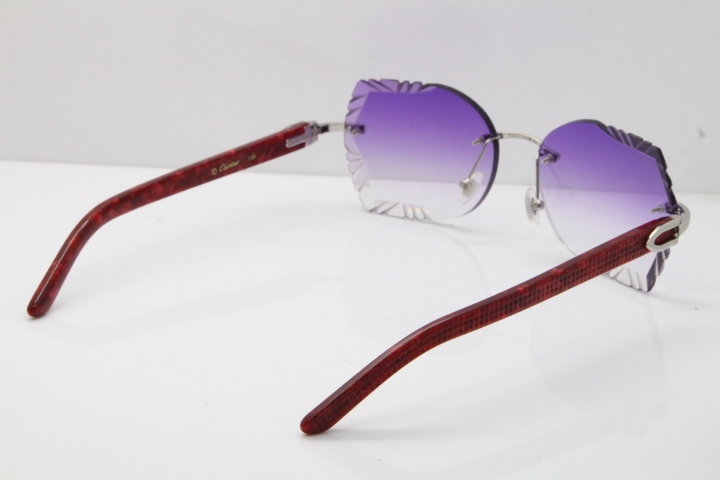 Cartier Rimless T8200762 Marble Red Aztec Arms Sunglasses In Gold Purple Lens