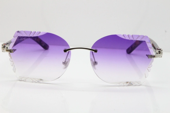 Cartier Rimless T8200762 Marble Purple Aztec Arms Sunglasses In Gold Purple Lens